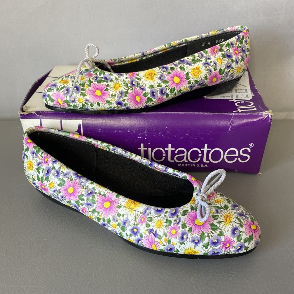 NEW VTG Y2K Tic Tac Toes Floral Ballet Flats 8W Cottagecore Fairycore Balletcore